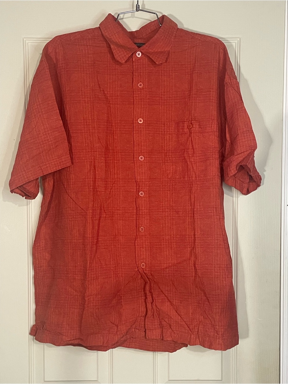 Marc Edwards Men's XL Linen Mix Button Up Orange/Red Short Sleeve Shirt Striped